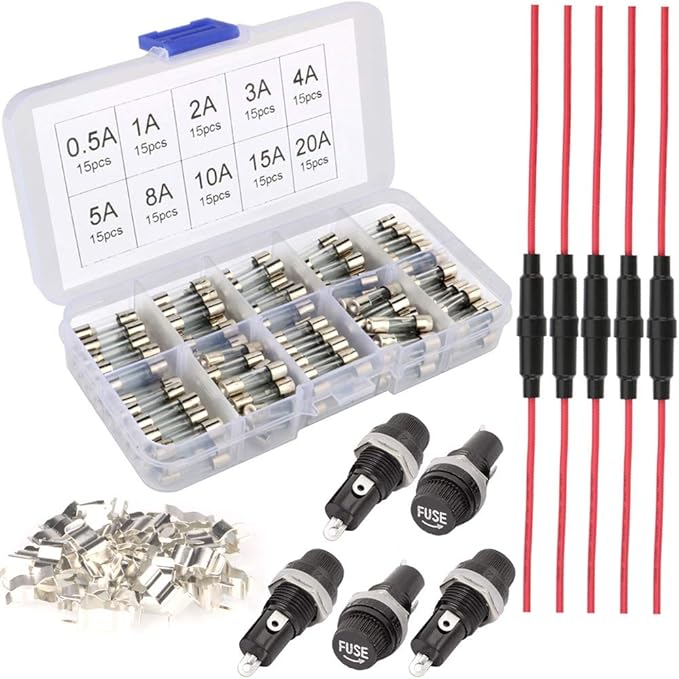 Fast-blow Glass Fuses - 150pcs Assorted Kit + Fuse Holders (AGC Inline, Panel Mount Types) + 30pcs Fuse Seats