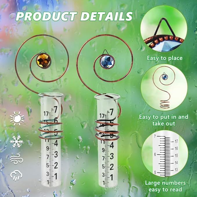 2PS Rain Gauge Outdoor,7 Inch Capacity Rain Gauge Replacement Tube with Metal Rack Holder,Wall Mount Hanging Water Gauge for Rain,Outdoor Measure Guages for Yard Fence Garden Farm