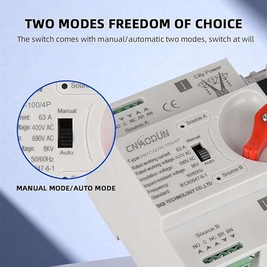 Automatic Transfer Switch ATS 4P 100A 400V Dual Power Electrical Selector Switch Din Rail Type Millisecond Switching