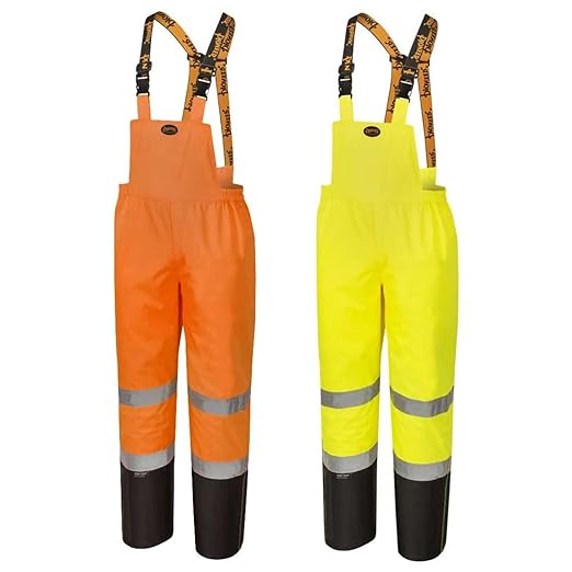Pioneer Hi Vis Ripstop Waterproof Bib Pants/Overalls for Men - Reflective Safety Work Rain Pants - High Visibility Orange