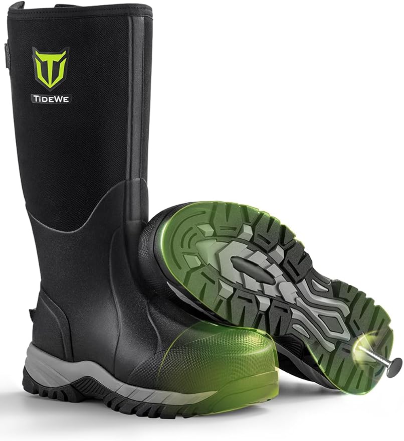 TIDEWE Work Boots Puncture-Proof with Steel Toe & Shank, Waterproof Anti Slip Rubber Boots for men, 6mm Neoprene Outdoor Boots, Durable Hunting Boots for Manufacturing, Construction, Farming(Black,Size 7-13)