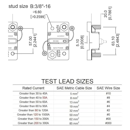 E9 3/8" Studs 250 Amp Circuit Breaker 12V - 48V DC with Manual Reset Switch Button with LED Indication 250A