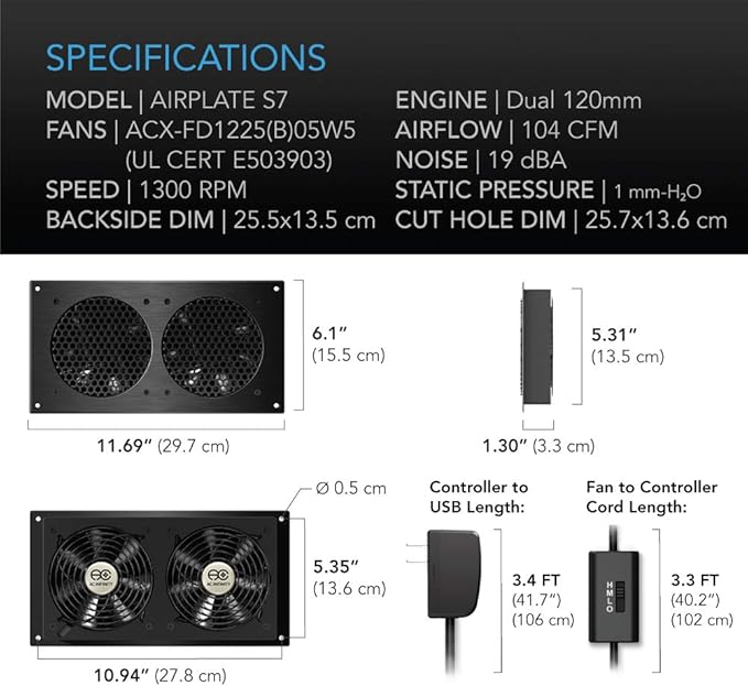 AC Infinity AIRPLATE S7, Quiet Cooling Fan System 12" with Speed Control, for Home Theater AV Cabinets