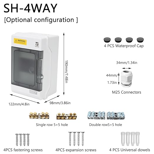 Waterproof 4 Way Breaker Box IP66 PC/ABS Alloy Plastic Power Distribution Box Enclosure with Clear Cover, Bus Bars and DIN Rail
