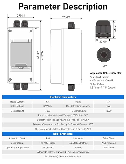 DIHOOL 30 Amp DC Circuit Breaker Box, 1000V Solar Panel Disconnect Switch