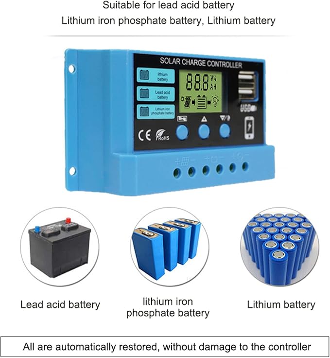 Peidesi PWM 30A Solar Charge Controller 12V 24V PV Regulator for Lifepo4 Lithium Gel Lead Acid for 100W 200W 300W Solar Panel LCD Display Dual USB 5V Output PDS-12V30A-CON