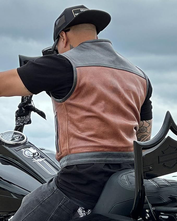 First Mfg Co - Lowside - Mens Motorcycle Biker Riding Canvas, Leather, Twill, Perforated Leather Vest