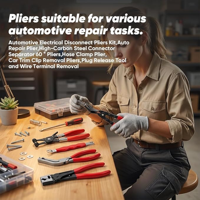 Automotive Electrical Disconnect Pliers Kit, High-Carbon Steel 60° Angled Connector Separator, Hose Clamp Pliers, Trim Clip Removal Tools, Plug Release & Wire Terminal Remover for Auto Repair (9pcs)