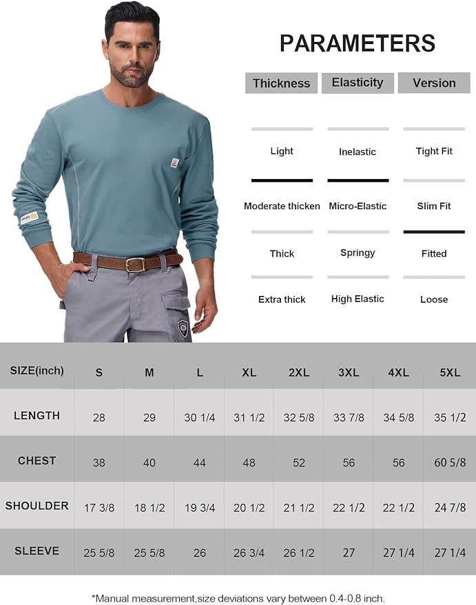 FR Shirts for Men CAT2/HRC2 6.5oz Lightweight Fire Resistant Shirts for Men Long Sleeve Crewneck T-Shirt