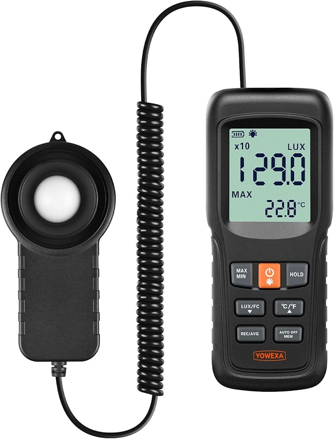 Light Meter Digital Illuminance, Split Sensor Lux/Foot Candles Meter 0–200,000 Lux, Data Record, Max/Min Mode, for Plants, Photography & Workspaces