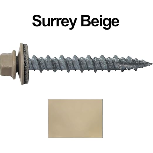 Metal ROOFING SCREWS: (250) 10 x 1-1/2" Surrey Beige Hex Head Sheet Metal Roof Screw. Self starting metal to wood siding screws. EPDM washer. Colored head