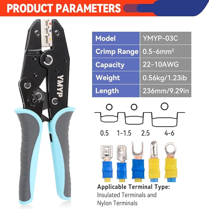 Crimping Tool for Insulated Electrical Connectors - Ratcheting Wire Crimper - AWG 22-10 (0.5-6.0mm²) - Electrical Crimping Tool