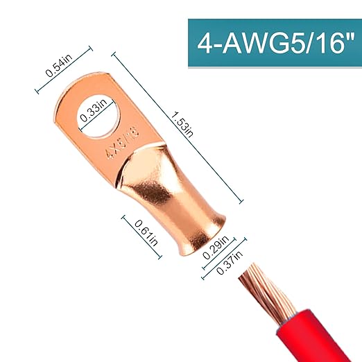 10 PCS Battery Terminal Connectors, Battery Cable Ends Lugs, 4 Gauge Wire Connectors, 4 AWG 5/16" Stud Ring Terminals, Copper Wire Lugs with Heat Shrink Tubing.