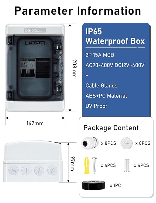DIHOOL Outdoor Breaker Box, 15 Amp Miniature Circuit Breaker with din Rail Enclosure, Solar Disconnect Switch