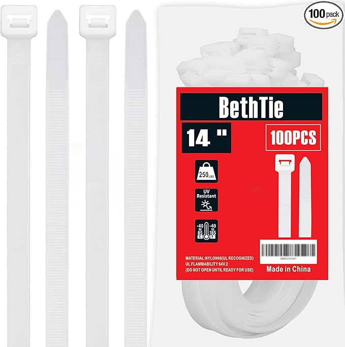 BethTie White14 inch Zip Ties Heavy Duty 100 PCS, 250 LBS Ultra Strong Plastic Wire Ties, Large Cable Ties Extra Long Tie Wraps, Indoor and Outdoor UV Resistant