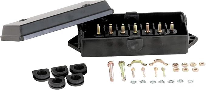 Buyers Products 5601100 Polypropylene Electrical Junction Box with 7 Terminals for Truck & Trailer Wiring – Weather-Resistant Polymer, Sealed Lid, Includes Cover, Grommets & Strain Relief Hardware