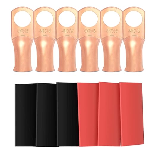 6pcs 4 Awg - 3/8" (M10) Sanuke Wire Lugs Ring Terminal Connectors Ends Heavy Duty for Battery Cable Lug Wire Electrical Eyelets with 3:1 Dual Wall Adhesive Heat Shrink