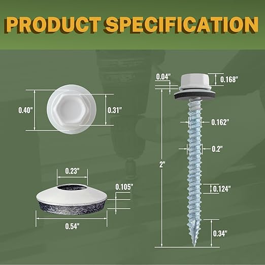 LIONMAX Metal Roofing Screws #10 × 2 Inch, 300-PCS, White Painted Hex Head Sheet Metal Roof Screws, Rubber Washer, Sharp Point, Metal to Wood Siding Screws, Hex Socket Included
