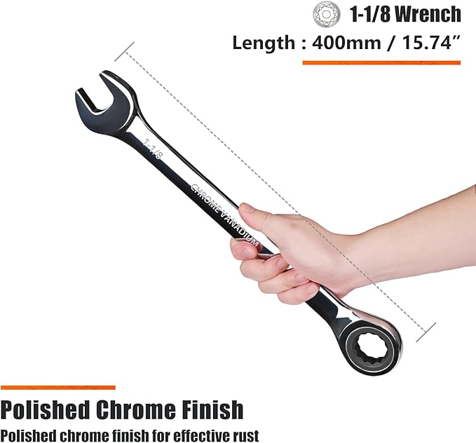Egofine 1-1/8 inch Ratcheting Combination Wrench SAE, Industrial Grade Gear Spanner with 12-Point Design, 72-Tooth Ratchet, Chrome Vanadium Steel