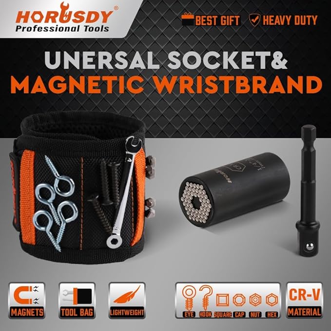 HORUSDY Magnetic Wristband & Universal Socket Grip (7–19mm), Stocking Stuffers Gifts for Dad with Strong Magnets for Holding Screws, Nails, Drilling Bits, DIY, Christmas Tool Gift for Men