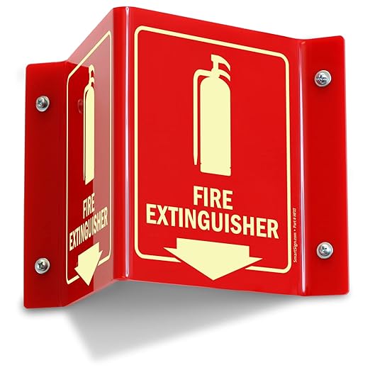SmartSign "Fire Extinguisher" Two-Sided V-Shaped Projecting Sign with Down Arrow, 6 x 5 inch, 120 mil Thick Glow-In-The-Dark Polished Acrylic, Photoluminescent