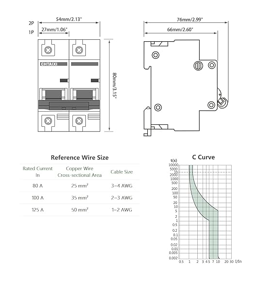 AC Miniature Circuit Breaker, 80 Amp 120V/240V 2 Pole DIN Rail Mount Circuit Breaker, Thermal Magnetic Trip, Solar AC Disconnect Switch MCB 2P C80