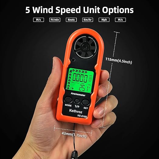Kethvoz 816B Digital Anemometer, Handheld Wind Speed Meter with Temperature Gauge for HVAC, Measures Wind Velocity in Current/Average/Max, for Sailing, Surfing, Hiking, and Outdoor Activities