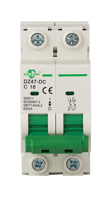 DC Miniature Circuit Breaker, 2 Pole 16 Amp, 250V-500VDC, 6kA Din Rail Mount Breaker with Thermal Magnetic Trip, DZ47-63 C16 2P, DC Solar MCB