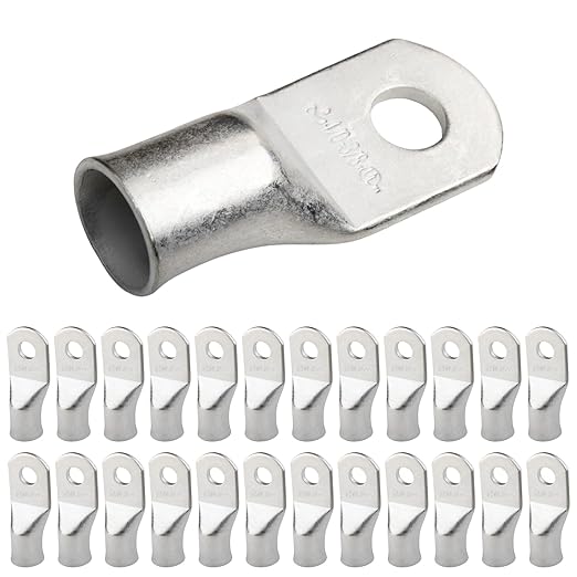 SELTERM 25pcs 4/0 AWG 3/8" Stud Marine Grade Tinned Copper Battery Cable Lugs, 0000 Gauge Ring Terminals, UL Wire Lugs Electrical Battery Cable Ends, Tinned Copper Lugs Battery Terminal Connectors