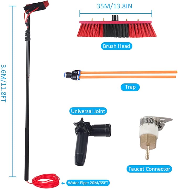 Telescopic Water Fed Window Cleaning Pole with Adjustable Brush Head Extendable Window Cleaner Tool Solar Panel Cleaning Brush and Pole Kit Window Cleaning Equipment, 3.6m-35cm