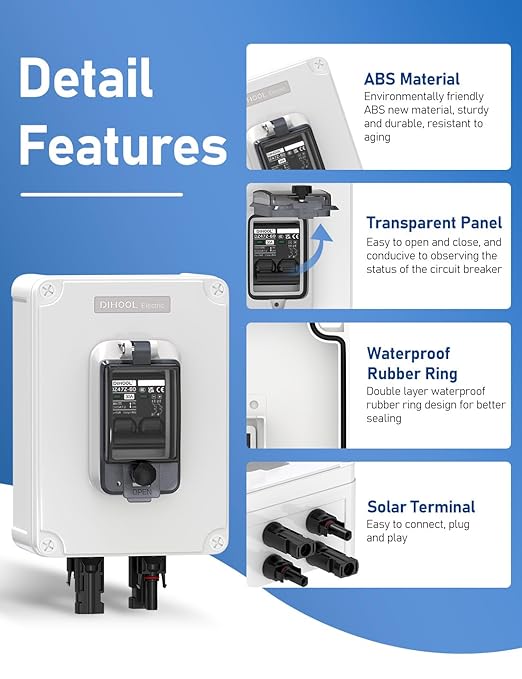 DIHOOL Outdoor Circuit Breaker Box, 30 Amp PV Solar Disconnect Switch for RV, Solar Panel Junction Box