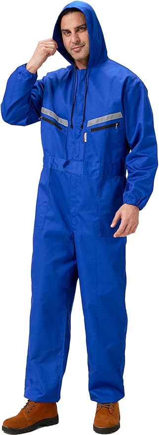 Mens Work Coveralls Mechanic Hooded Overall Workwear Jumpsuits Long Sleeve Hi Viz Coverall with Zippers