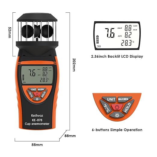 Handheld Cup Anemometer, Kethvoz Digital Air Flow Meter Measure Wind Speed up to 42m/s, Test Temperature for Shooting Hunting Paragliding Outdoor Activities