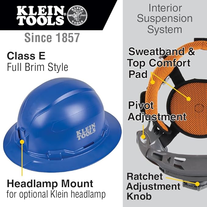 Klein Tools Hard Hat, Non-Vented Full Brim Style, Padded, Self-Wicking Odor-Resistant Sweatband, Tested up to 20kV