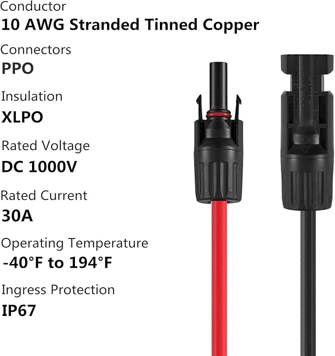 Solar Connectors Y Branch Parallel Adapter 10AWG Cable for Solar Panel (Red & Black)