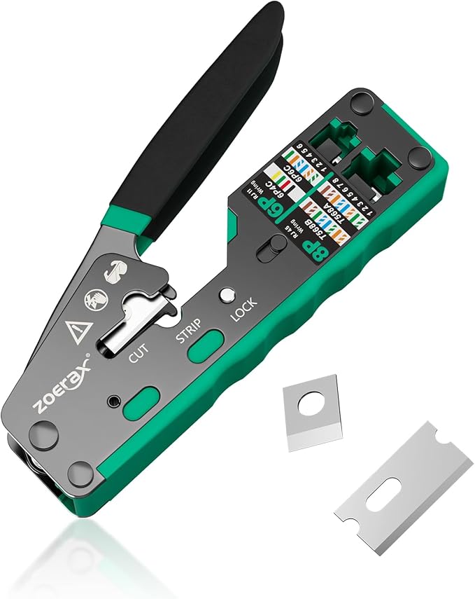 RJ45 Crimping Tool Ethernet Crimp Tool Crimper for RJ11/RJ12 Standard, RJ45 Pass Through Connectors, Green