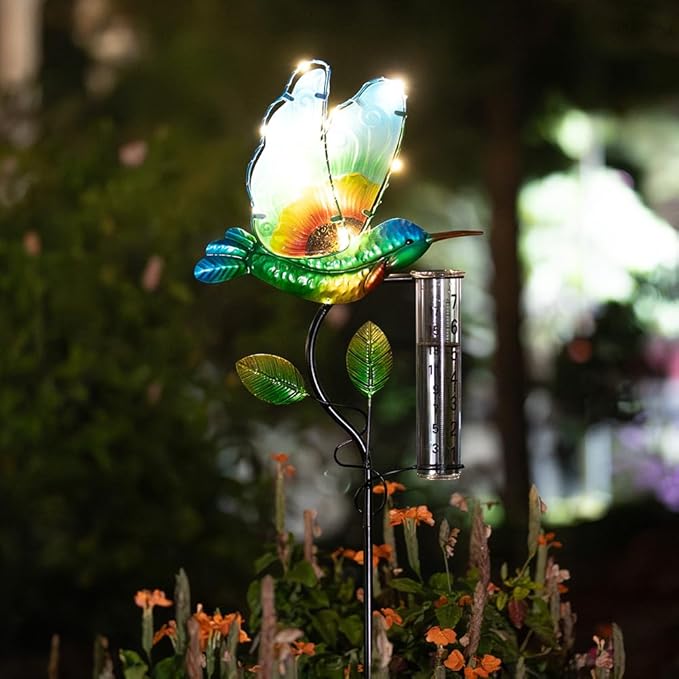 Rain Gauge Outdoor, Solar Hummingbird Rain Gauge with Metal Stake, 7 Inch Tube Decorative Rainfall Measurement, Stained Glass Rain Measure Gauge for Garden, Lawn, Patio
