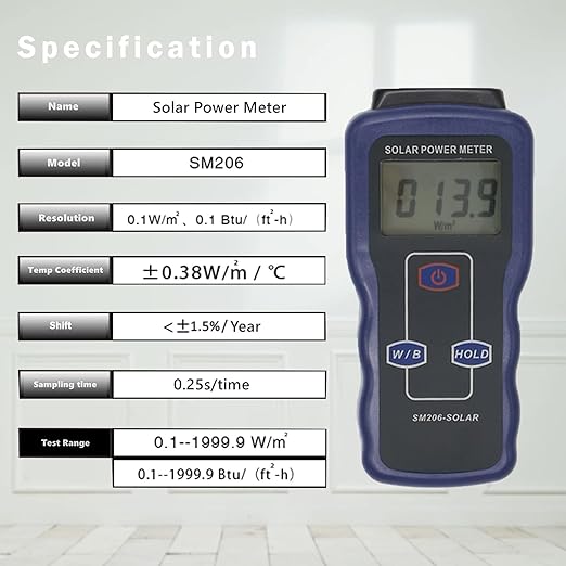 Digital Solar Power Meter, Digital Solar Energy Meter Sun Light Energy Measuring Tester Sun Light Radiation Testing Instrument Digital High Precision