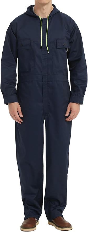 Mens Cotton Blend Long Sleeve Coverall Multi Pockets Zip Overall Mechanic Work Jumpsuit with Hood