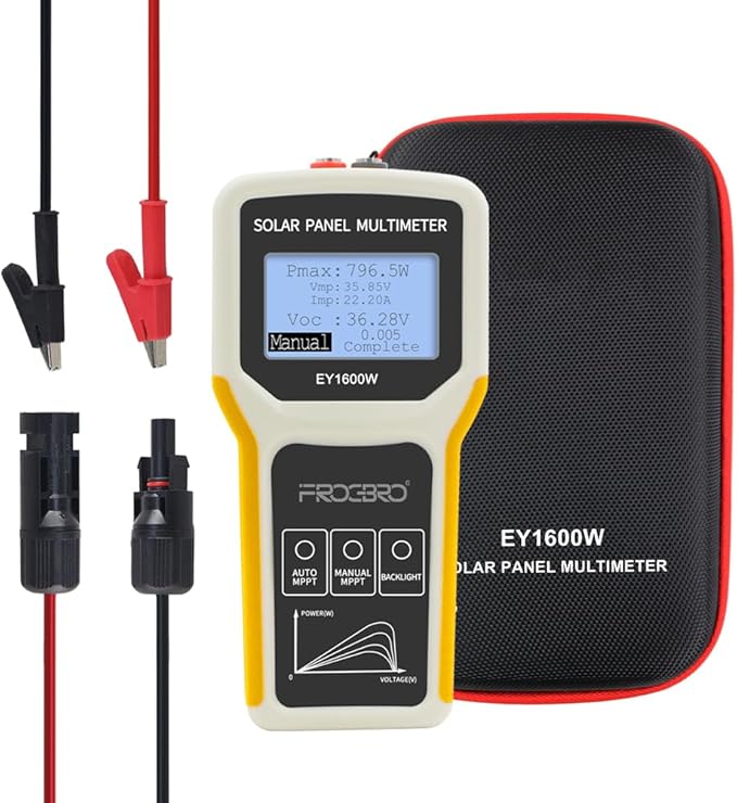 FrogBro Upgrade Solar Panel Tester Photovoltaic Multimeter Upgrade 1600W with Ultra Clear LCD, Smart MPPT Open Circuit Voltage Troubleshooting Utility Tool for Solar PV Testing (LCD 1600W)