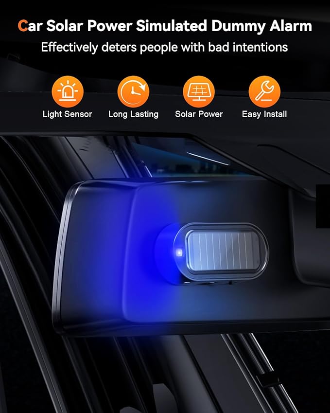 4PC Car Solar Power Simulated Dummy Alarm, Vehicle Security Anti-Theft LED Flashing Fake Lamp with Light Sensor, Car Alarm Light for SUV, RV, Truck (Blue)