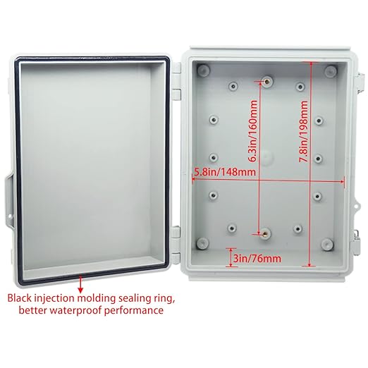 Junction Box, Hinged Cover Stainless Steel Latch IP67 Waterproof ABS Project Box with 2 Cable Glands, Electrical Box Enclosure with Mounting Plate & Wall Bracket 8.7 x 6.7 x 4.3inch