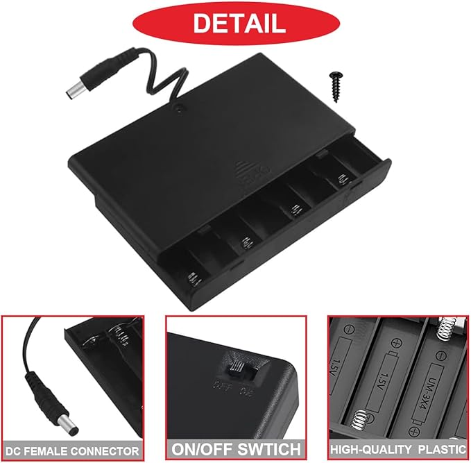 2Pcs 8 AA 12V Battery Holder with Cover (Batteries are Not Included), with 2.1mm x 5.5mm DC Plug Switch,ON/Off Switch, Screw,Female DC Power Pigtail Cable Plug,for Arduino RC LED Strip