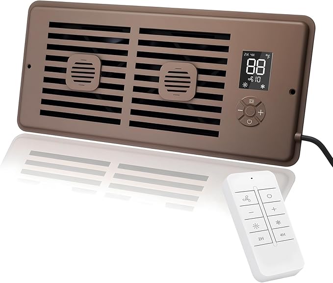 Register Booster Fan for 4" x 10" Vents Only, 10 Speeds to Control Cool and Warm Airflow, Air Conditioning Vents with LED Screen Remote & Thermostat Control, for Room Walls & Floors (Brown)