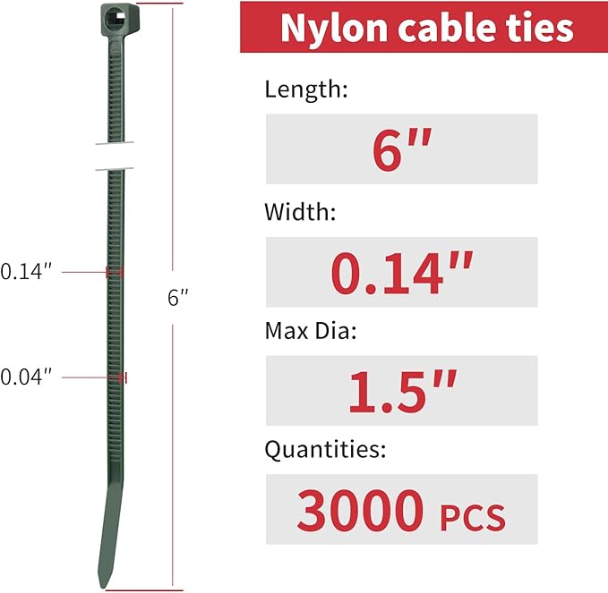 BethTie 3000 PCS 3mm Dark Green Zip Ties 6 Inch, 40 LBS Tensile Strength, Self-Locking Nylon PA66 UV Resistant Cable Ties for Indoor and Outdoor Use