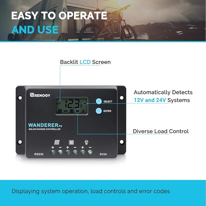 Renogy 10A 12V/24V PWM Postive Ground Solar Charge Controller Regulator Compact Design w/ LCD Display for Deep Cycle Sealed, Gel, and Flooded Battery, Wanderer PG 10A,Black