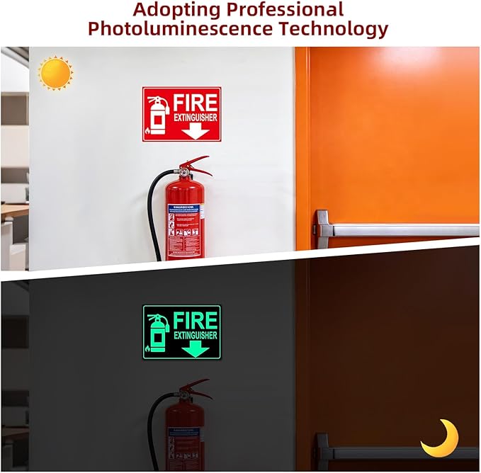 Fire Extinguisher Sign Sticker, Glow in the Dark Fire Extinguisher Signs with Arrow, 10×7 Inch 2 Pack Luminous Vinyl Safety Labels Soslina, Waterproof Indoor Outdoor for Home Office Warehouse