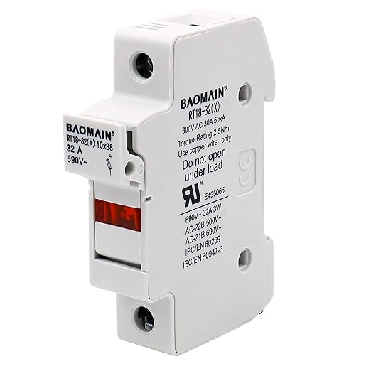 Baomain 5-Pack Cylindrical Fuse Holder RT18-32(X) 10 X 38mm Fuse Base Single Pole 35mm DIN Rail Mount 32A 690VAC with Indicator Light UR & CE Certified
