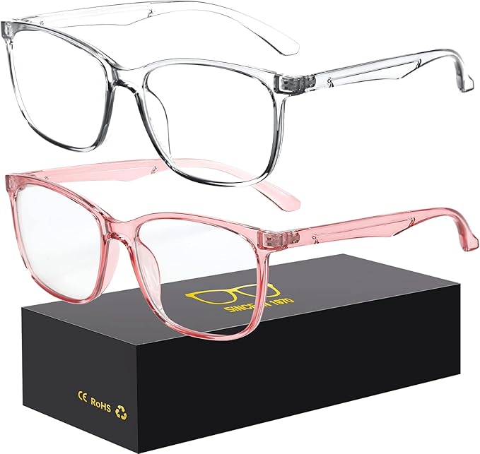 Blue-Light Blocking Glasses Computer Reading/Gaming/TV/Phones Glasses Fashion Anti Eyestrain Glasses for Women Men（C1 Transparent + Pink）