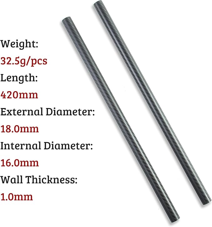 2pcs 18mm Carbon Fiber Tube 18mmx16mmx420mm,3K Roll Wrapped Tube Twill Matte Finish